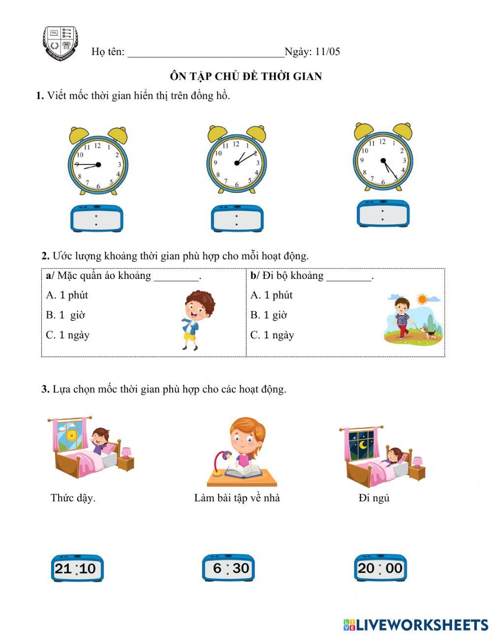 Phiếu bài tập giấy Ôn tập chủ đề thời gian